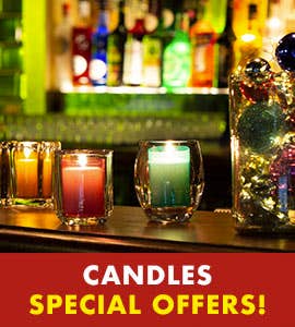 There is of a red banner across the bottom - CANDLES SPECIAL OFFERS!. The image is of a bar with 3 coloured tealight candles and a jar of christmas baubles |Catering Supplies Greater Manchester