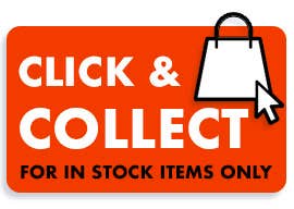 A orange rectangle with a white shopping bag icon in the top right and a computer mouse symbol over it.  the text says - CLICK & COLLECT FOR IN STOCK ITEMS ONLY |Catering Supplies Greater Manchester
