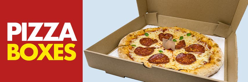 A banner with a red box on the left with the words "pizza boxes" centred. on the right there is a photo of a cardboard pizza box with a white liner a triangle height protector and a really janky looking pizza that photoshop couldnt make look good