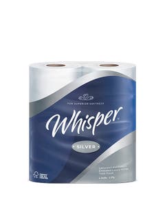Pack of 4 white domestic toilet rolls in silver and grey packaging with blue and silver text WHISPER SILVER