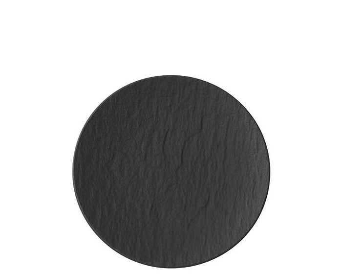 A round flat black plate with a slate stone texture