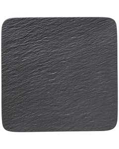 A large square flat black plate with a slate stone texture