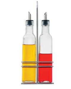 Two Tall Oil and Vinegar Glass Bottles with Chrome Rack- Small