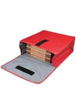 A open square red bag with grey lining and a black velcro strip in centre of flap opening, showing 3 pizza boxes inside
