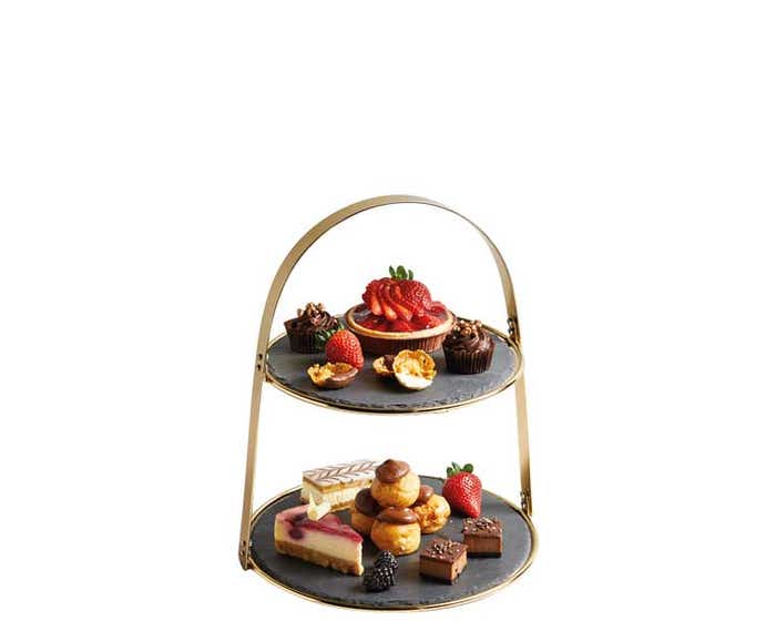 Artesa 2 Tier Arch Frame Brass Cake Stand With Slate Serving Platters 29.5x35cm