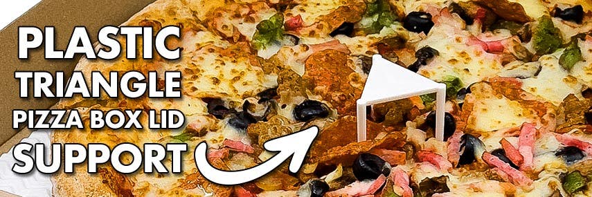 A banner with a photos of a pizza in a box with a white plastic triangle pizza protector lid support in the middle on the left side there is a white arrow pointing at the triangle with the words "plastic triangle pizza box lid support" next to it.