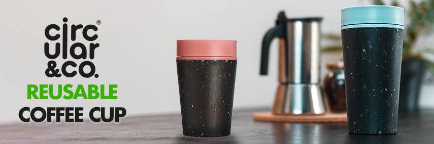 A banner with a photos on the right of a black speckled cup with a blue lid, a cafatieer and another smaller smaller black speckled cup witha pink lid. On the left of the image there is the cirular&co. logo with Reusable coffee cup underneath